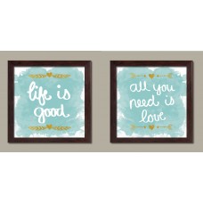 Beautiful Teal and Gold Inspirational Set Watercolor Style; Life is Good & All You Need is Love; Two 12x12in Brown Framed Prints; Ready to hang!   